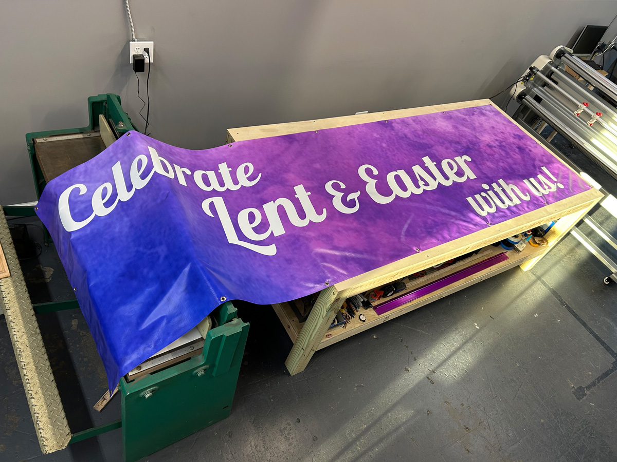 Custom purple and blue Celebrate Lent and Easter with us church banner