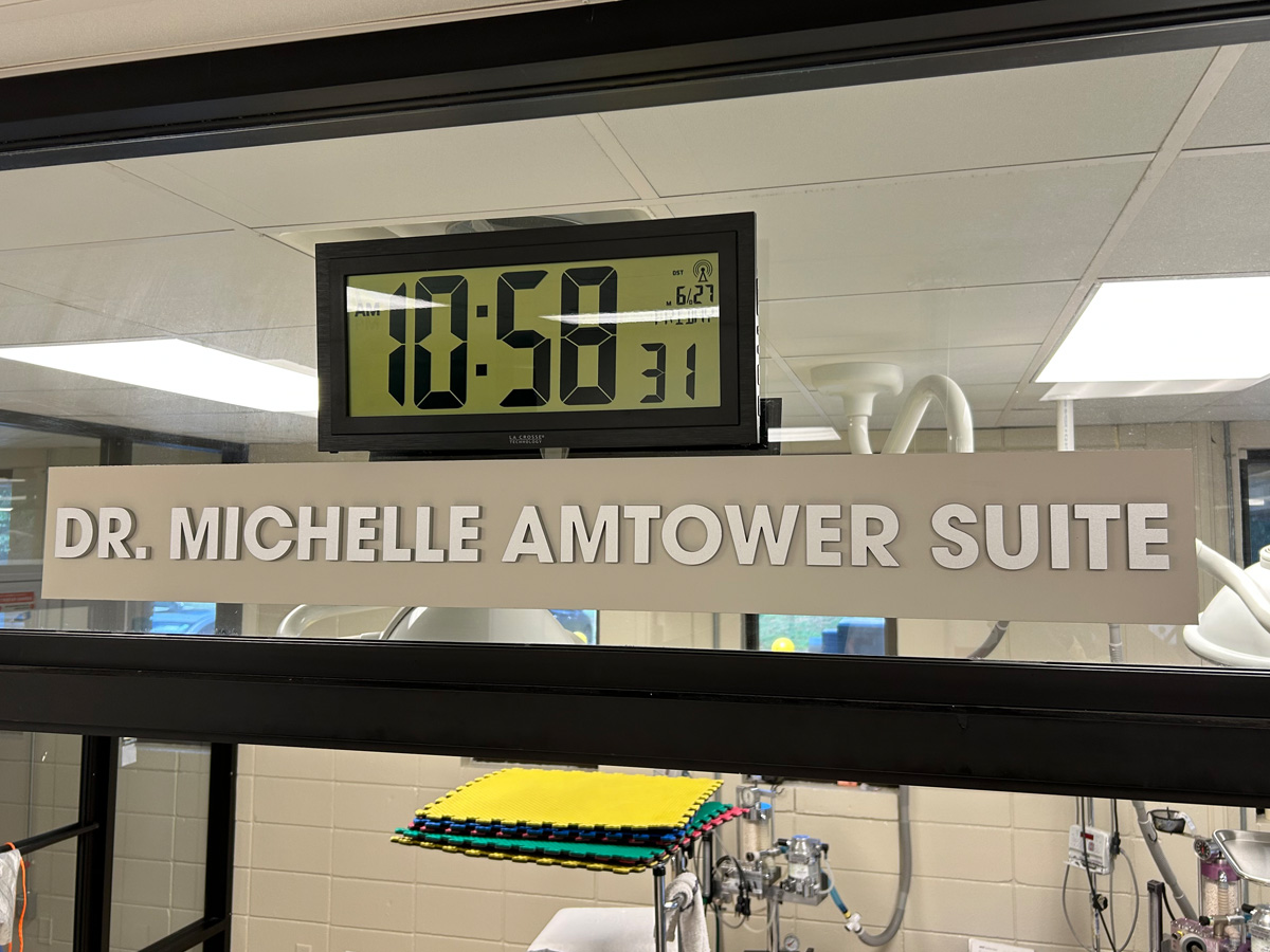 Dimensional plaque dedicated to veterinarian Dr. Michelle Amtower at the ASPCA Spay Neuter Alliance in Asheville North Carolina