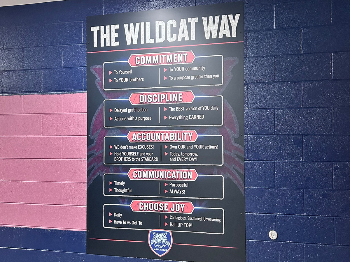 The Wildcat Way custom interior sign mounted on a school athletics wall in Asheville North Carolina