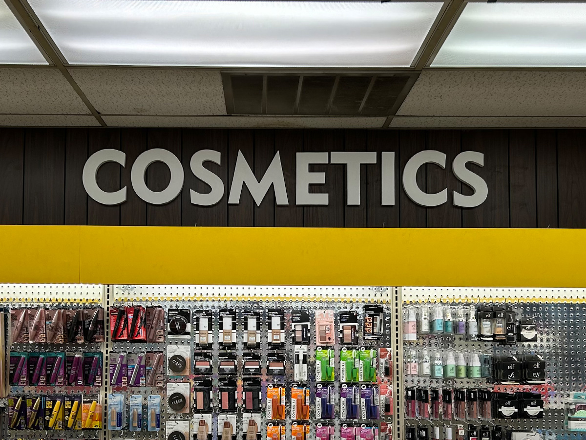 Dimensional COSMETICS letters installed inside B and B Pharmacy in West Asheville North Carolina