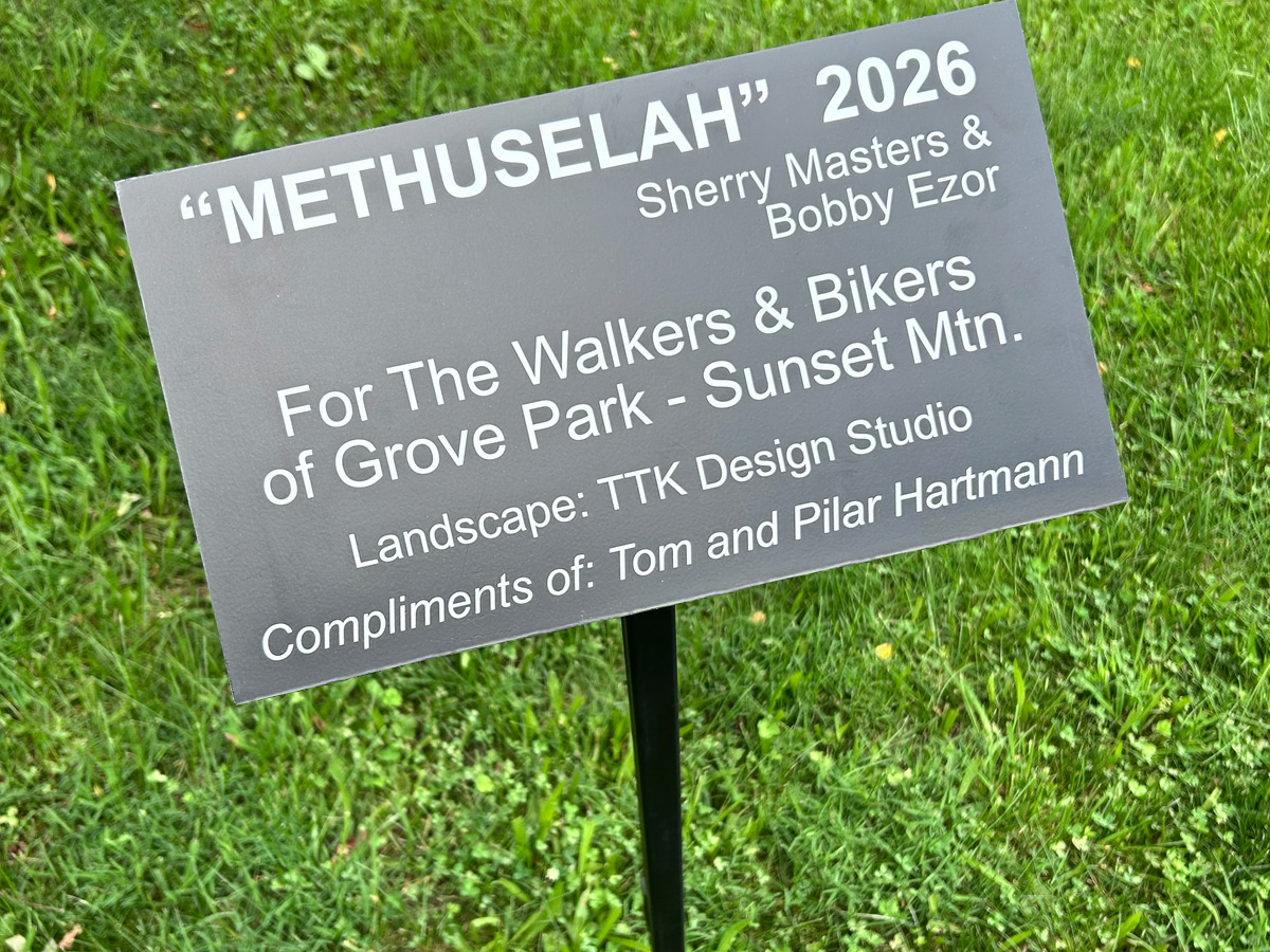 Custom freestanding ground plaque for the Methusela trail in Grove Park Sunset Mountain