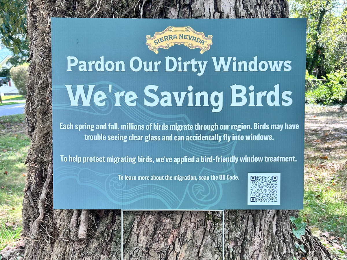 Sierra Nevada sign explaining bird-friendly window treatment and migratory bird protection
